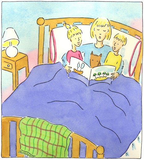 Illustration from Miles Away From Home — Mom reading to the kids at bedtime while Miles turns the pages
